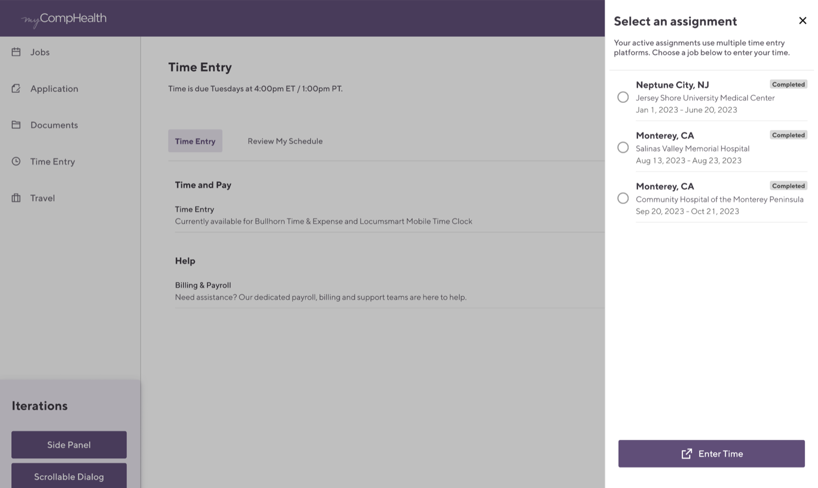 Option 1, Time Entry page with Enter Time button